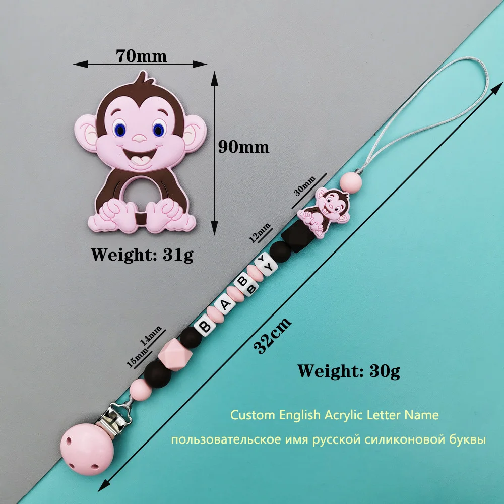 Custom English Letter Name Baby Silicone Monkey Beads Pendant Pacifier Clips Chains Chew Teether Baby Pacifier Kawaii Toy Gifts