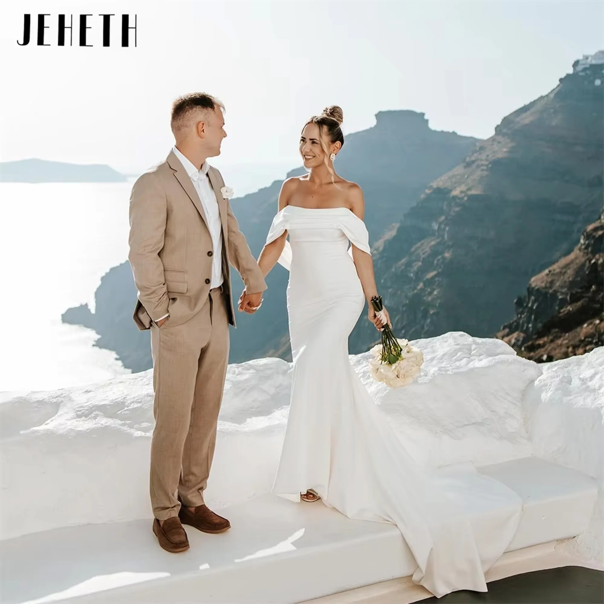 

JEHETH Clsssic Mermaid Off The Shoulder Wedding Dresses Women Pleat Strapless Open Back Bridal Gown Vestido De Noiva Customized
