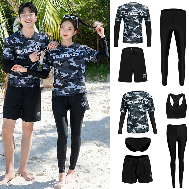 

Long Sleeve Rash Guards Long Panty Two-Piece Swimsuit Couple Surfing Suit Camouflage Color Blocking Swimwear Diving Suit Bathing