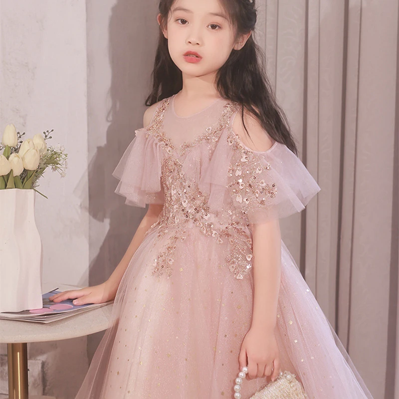 Paillettes rugiada spalla bambini abiti per la festa abito da sposa bambini abito da spettacolo bambino Tulle principessa vestito per ragazze