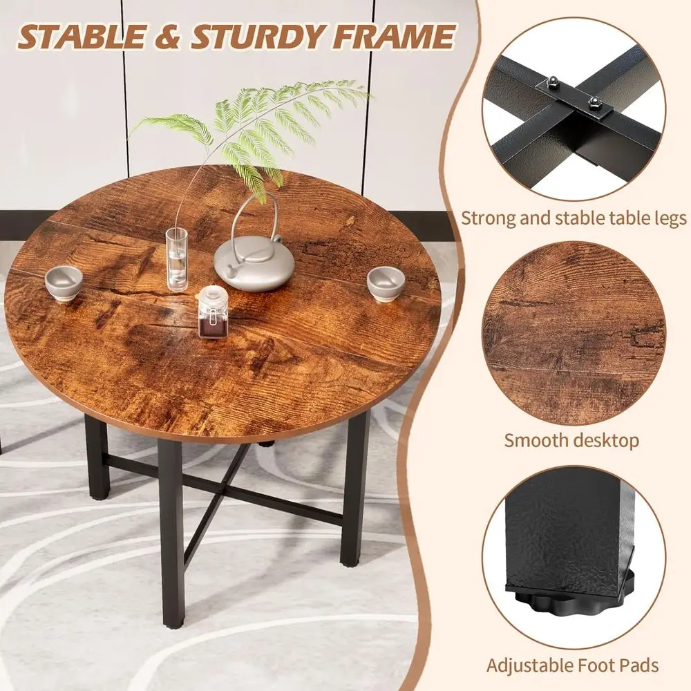 Mid-Century Wooden Round Drop Leaf Dining Table, Compact Foldable Kitchen Table for 2-4, Extendable Farmhouse Style