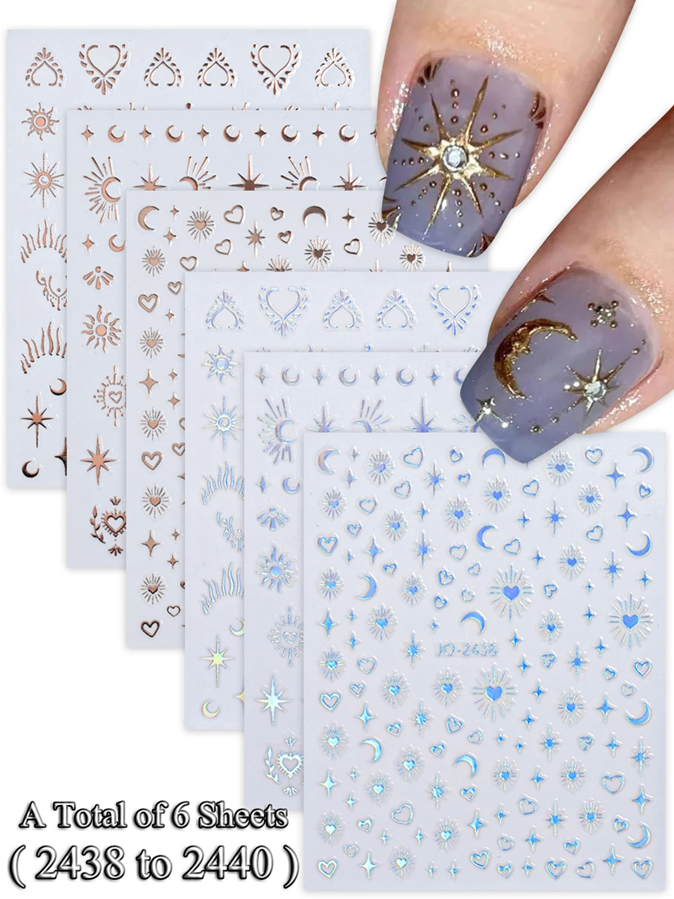 6/12/24 Vellen Gouden & Zilveren Ster, Maan & Hart Nagelstickers, Zelfklevende 3D Nageldecoratie Stickers voor DIY Manicure Decoratie