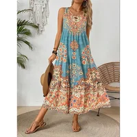 Vestido de verano sin mangas con cuello redondo y estampado para mujer, ideal para uso casual o de playa, para vacaciones y viajes de larga duración.
