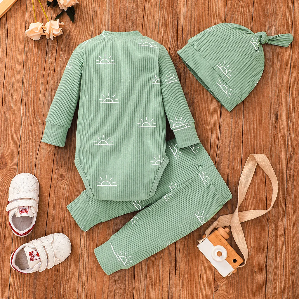 PatPat 3-piece Autumn Infant Newborn Baby Boy Clothes 95% Cotton  Long-sleeve Button Design Romper Elasticized Pants Cap Set