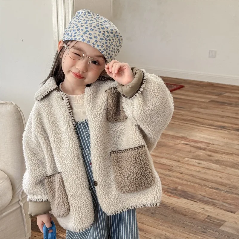2025 Winter Kids Fleece Padded Jacket 1-6T Color-blocking Boys Thicken Warm Coat Girls Baby Lapel Jacket Children Casual Clothes