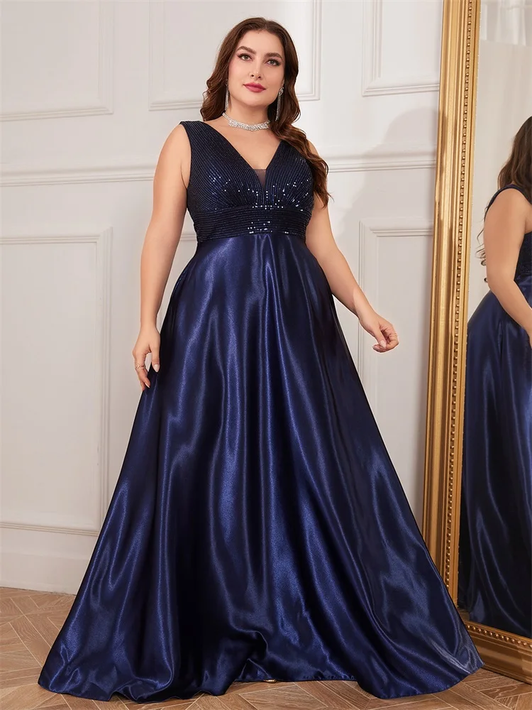 Lucyinlove Plus Size Elegant Sequins Evening Dress For Women 2024 Deep V-neck Satin Prom Party Dress Floor Length Formal Gowns