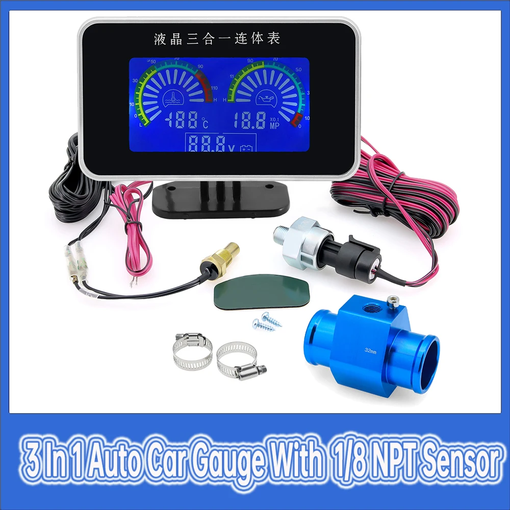 3 in 1 Auto Car Gauge with 10mm 1/8 NPT Sensor Multifunctional Water Temperature Gauge + Oil Pressure Gauge+Voltmeter 12V/24V