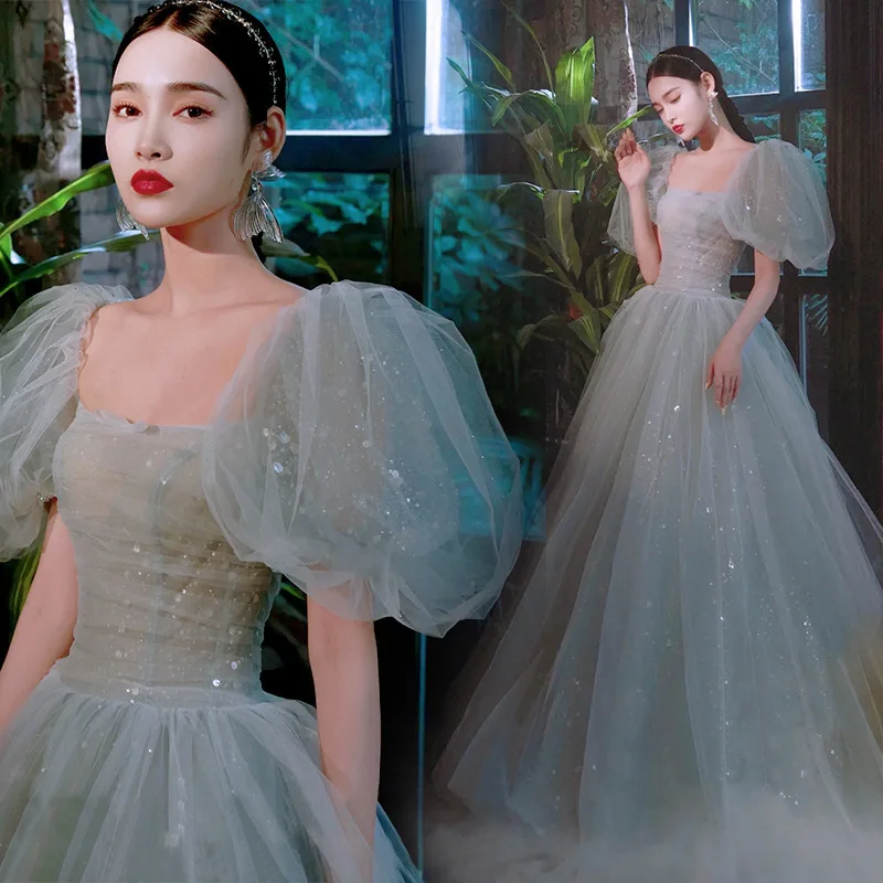 

Women's Evening Dress Tulle Chiffon Fluffy Short Puff Sleeve Simple Sequins Square Collar A-Line Floor-Length Banquet Dresses