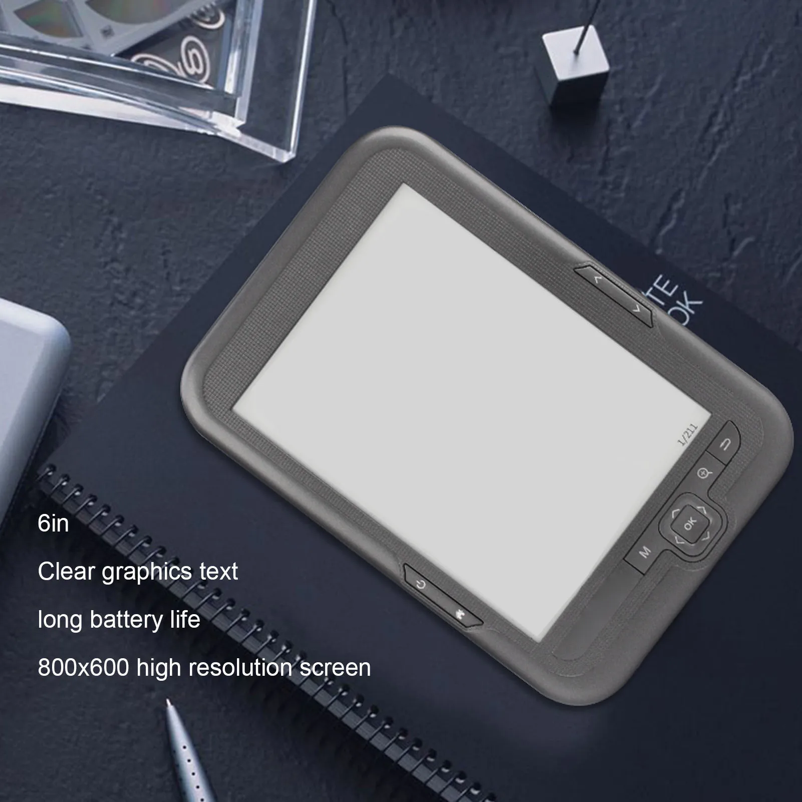 قارئ الكتب الإلكترونية 6 بوصة 800 × 600 HD شاشة حبر قارئ الكتب الإلكترونية دعم FM مع حافظة واقية شاشة حبر سماعة الرأس قارئ E للقراءة