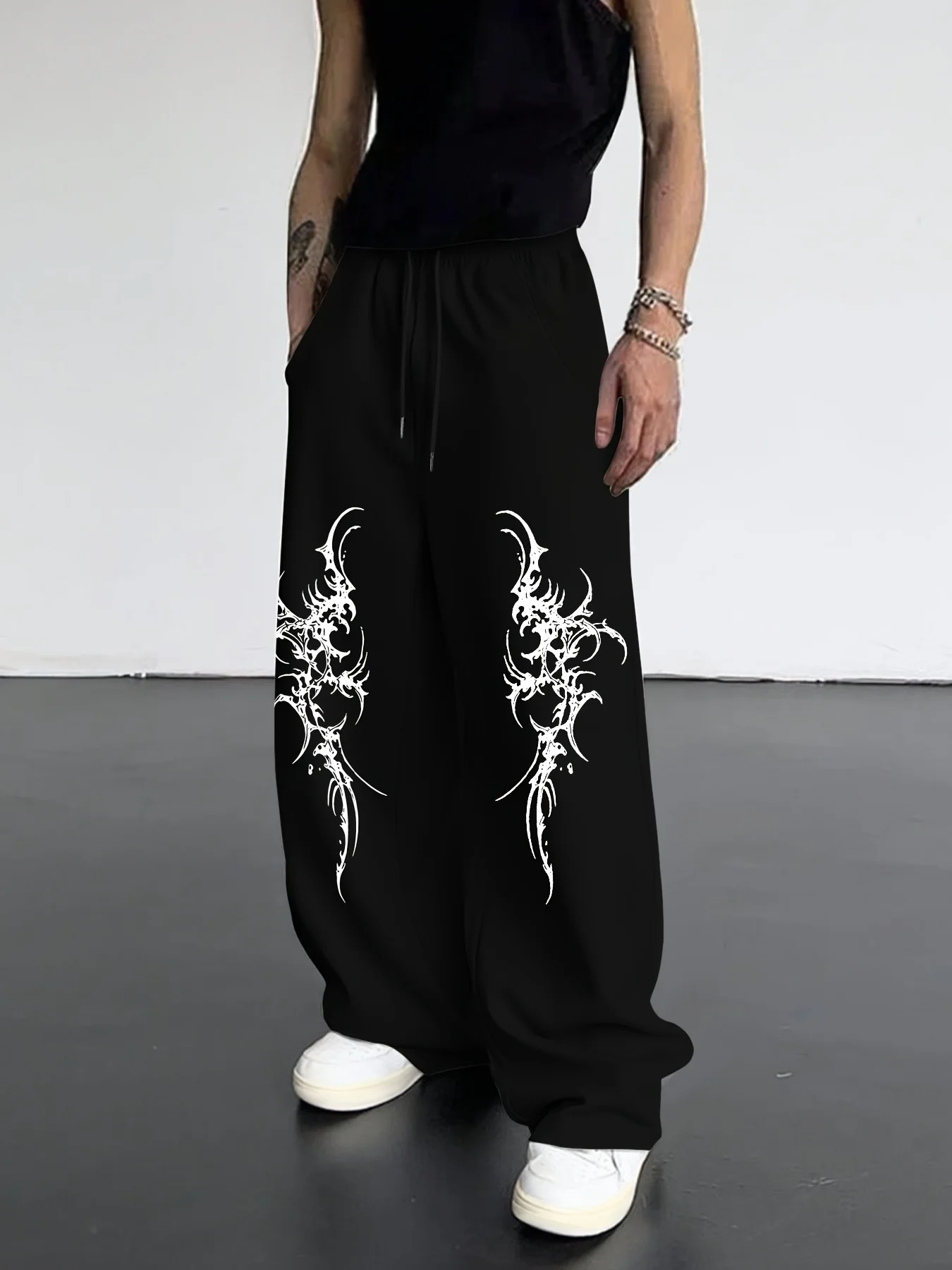 US Avant-Garde Dark Vine Print Straight Sweatpants Streetwear Casual Trousers S-3XL