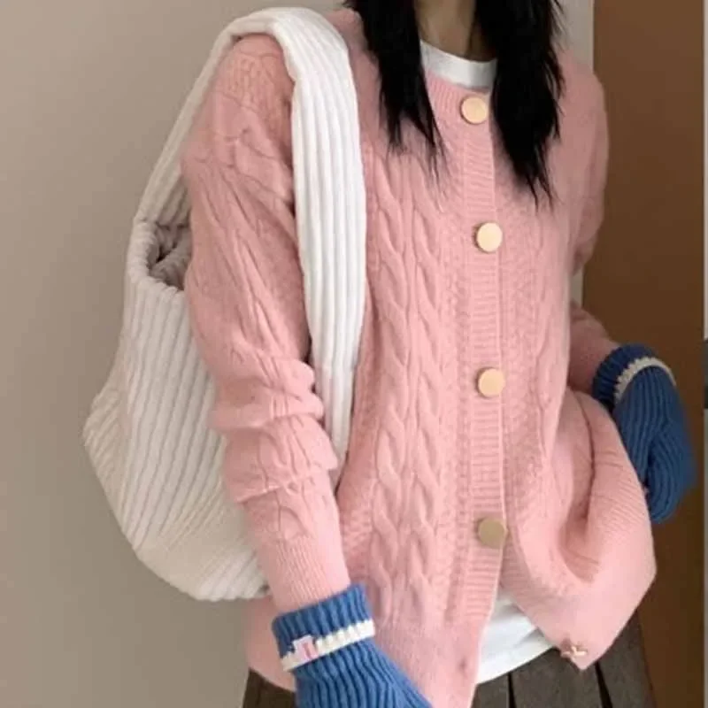 Vrouwen Snoep Kleuren Twist Gebreide Vesten Dikker O-hals Single-Breasted Vest Trui Vrouw Casual Lange Mouw Truien