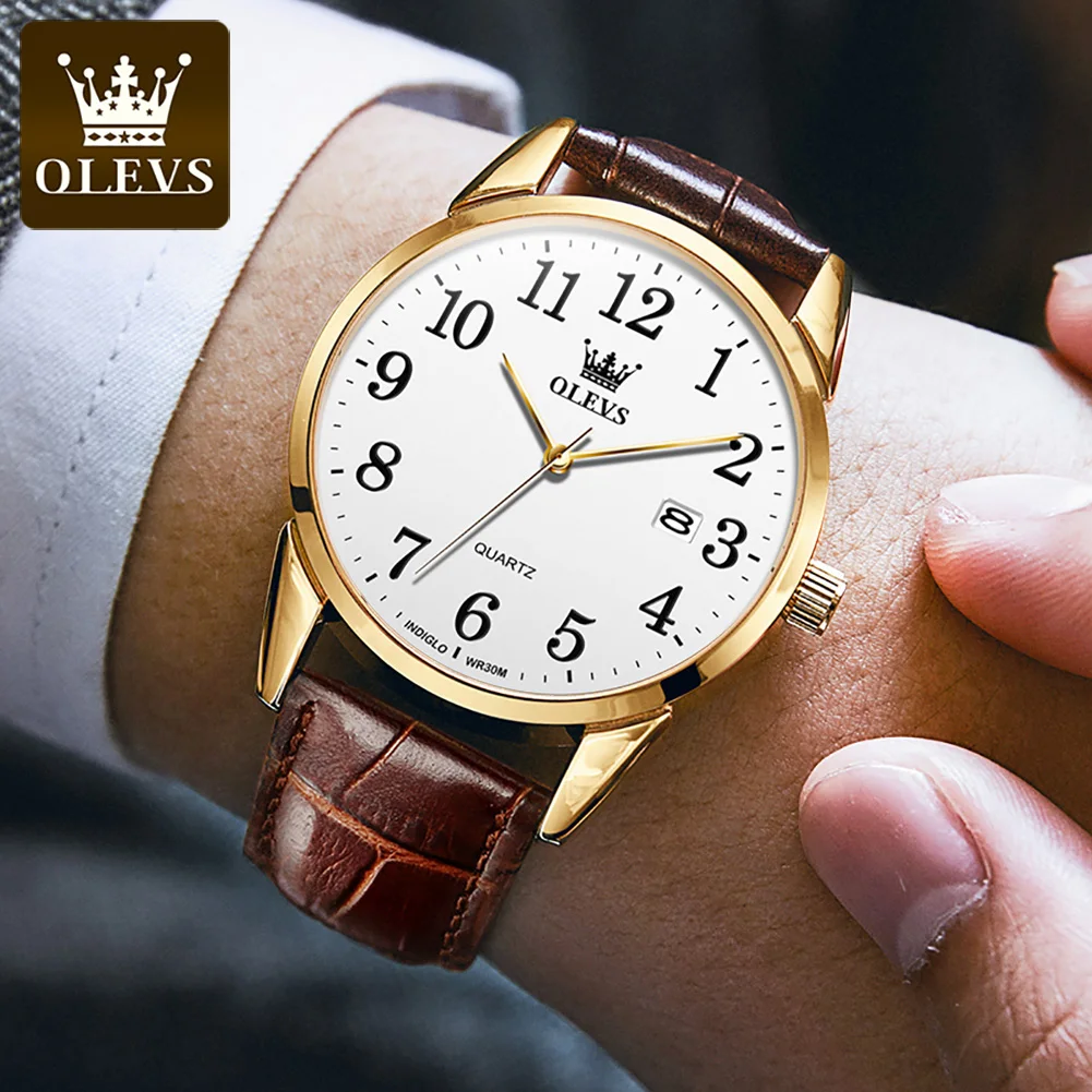 OLEVS-reloj de cuarzo para hombre y mujer, cronógrafo de pulsera clásico de cuero, resistente al agua, con calendario y escala de números, 5566