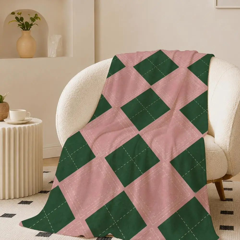 Vintage Argyle Classic Preppy Throw Lightweight 240g Flannel Blanket Soft Skin-friendly for Summer Cooling