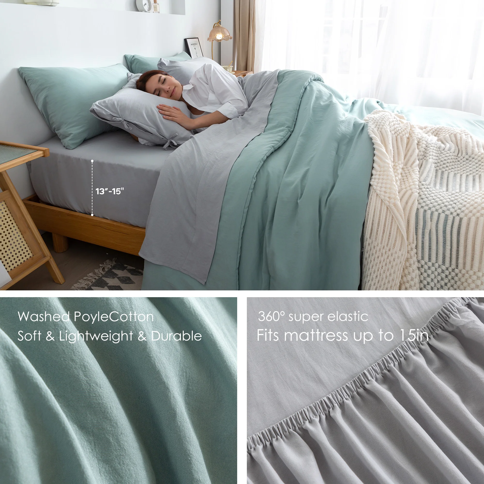 King size bed quilt and bedding set pillowcase,Super soft washed polyester cotton ,7-piece bed bag,Light gray and sage green