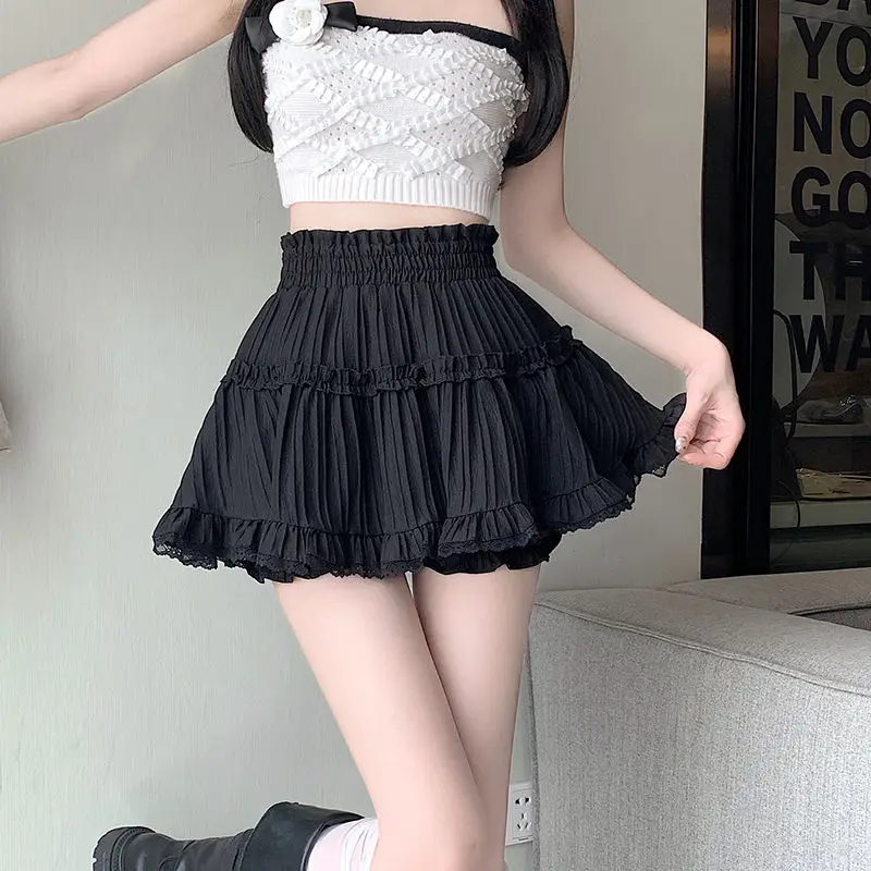 Sweet Black Fluffy Cake Half Skirt for Women Summer New Elastic Waist Pleated Korean Lace A-line Skirt Fashion Casual Clothing