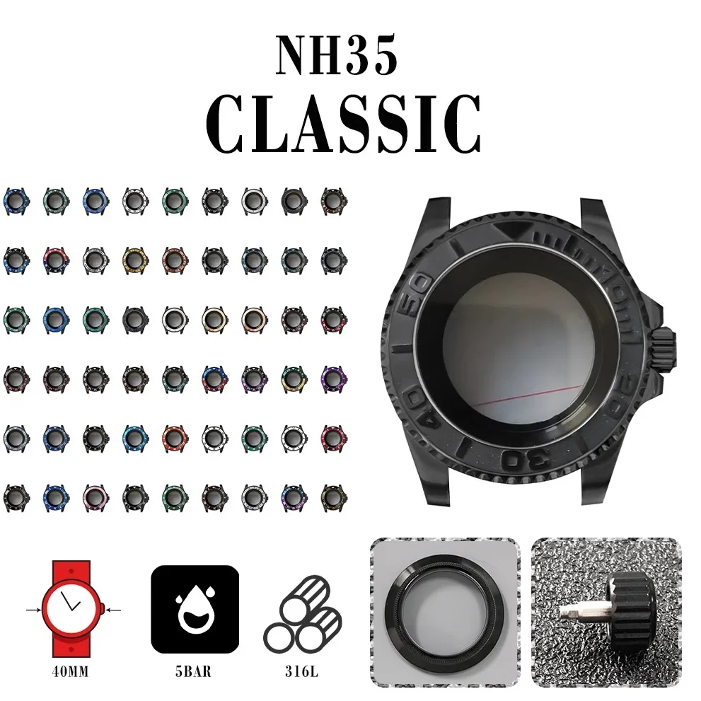 PVD Plated Black SUB Steel Case 40mm Sapphire Flat Mirror Suitable for NH35/NH36 movements