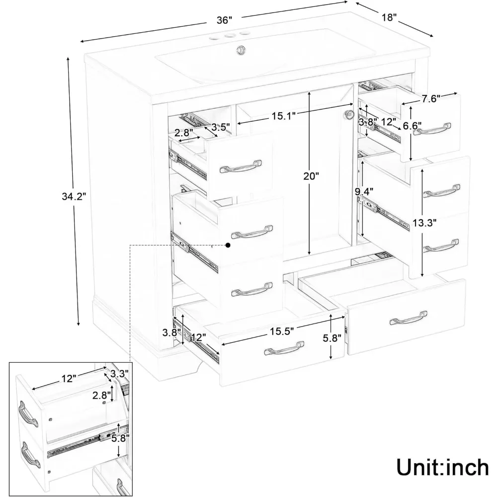 HOVanity avec évier, armoire avec bassin en céramique, 6 égouts de proximité, une armoire avec étagère réglable, 36 po