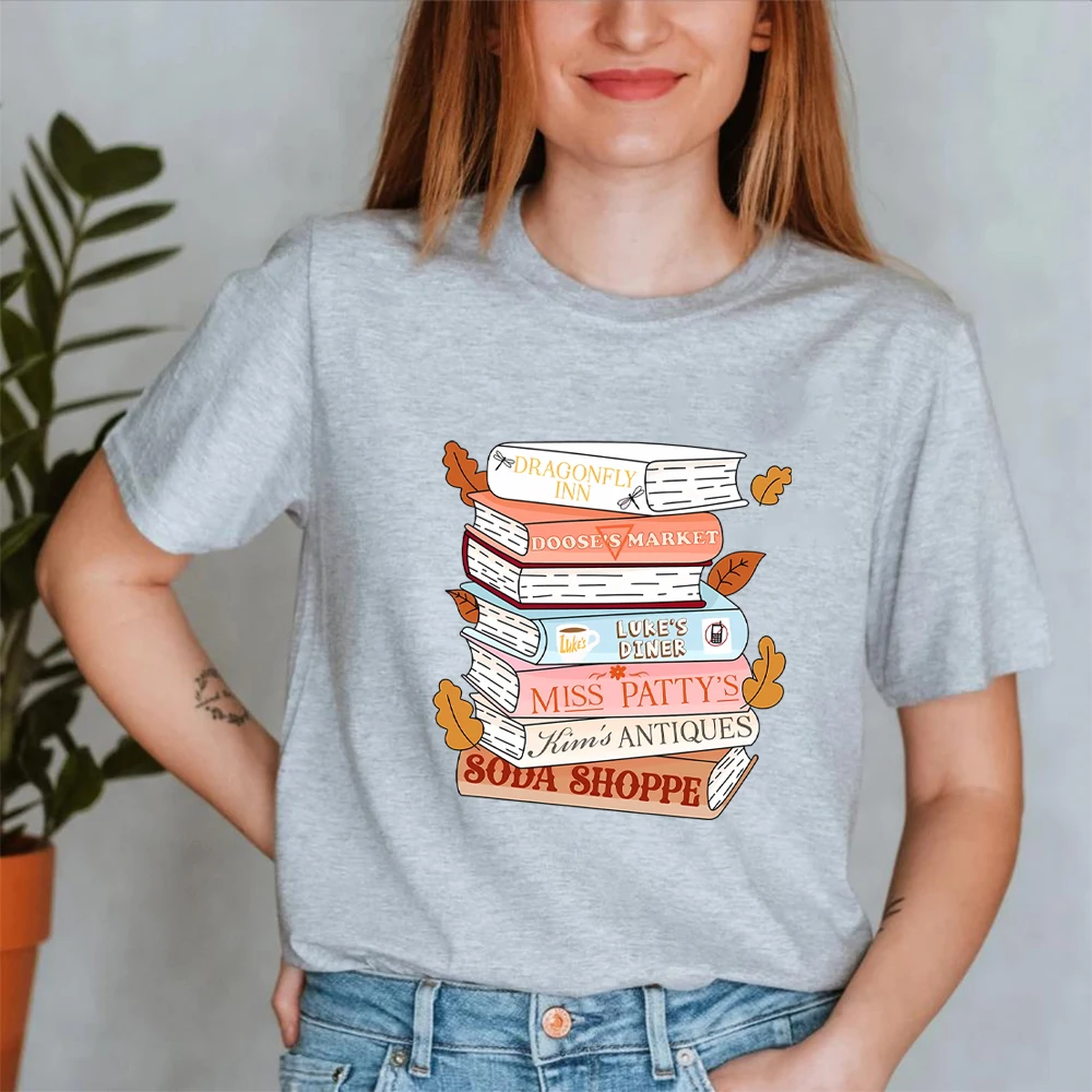 Fall Stacked Books Stars Hollow Inspired Graphic Tee Women Bookish Autumn Casual Short Sleeve Gift Tops