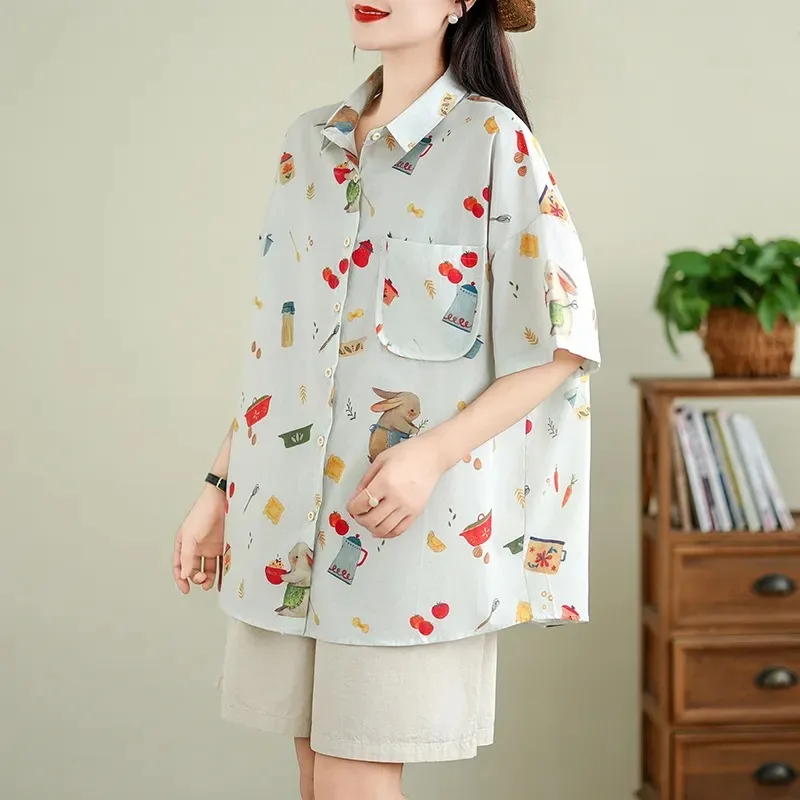 Plus Size Women Cartoon Print Short Sleeve Shirt Loose Casual Lapel Blouse Summer Top