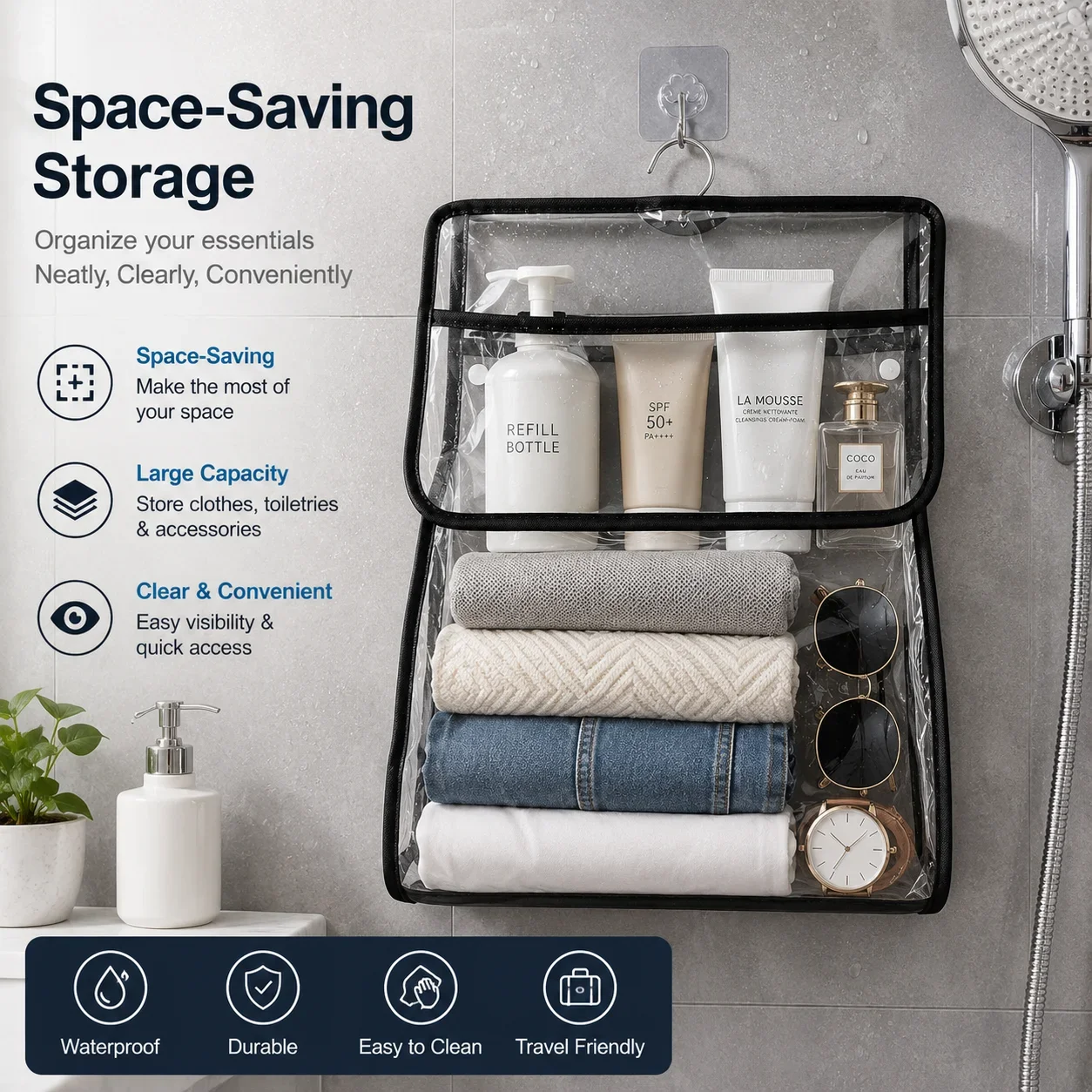 Portable Waterproof Bathroom Caddy, Clear Hanging Storage Bag for Dorm Room, Easy to Install on Wall or Hook