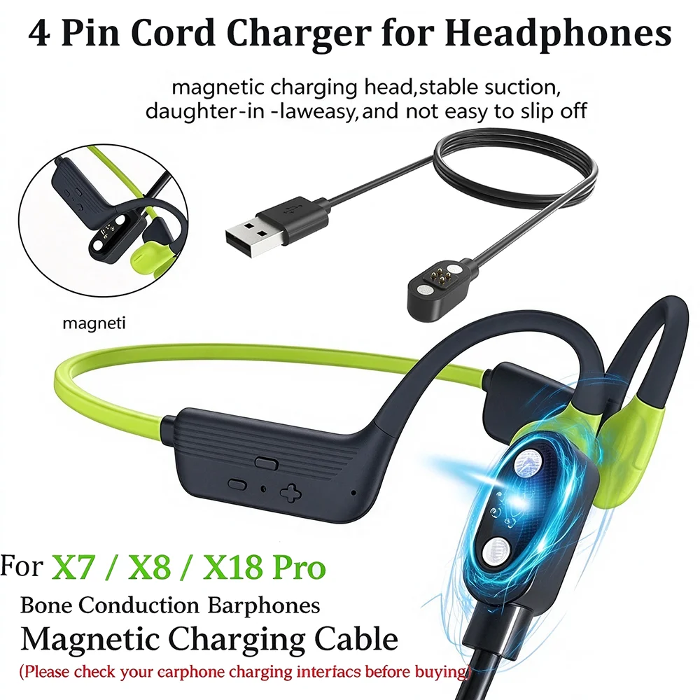 Magnetic Charging Cable Bone Conduction - X7/X8/X18 Pro対応、防水骨伝導ヘッドホン用、磁石付きUSB充電ケーブル、4ピンコネクタ付きヘッドホン充電器。