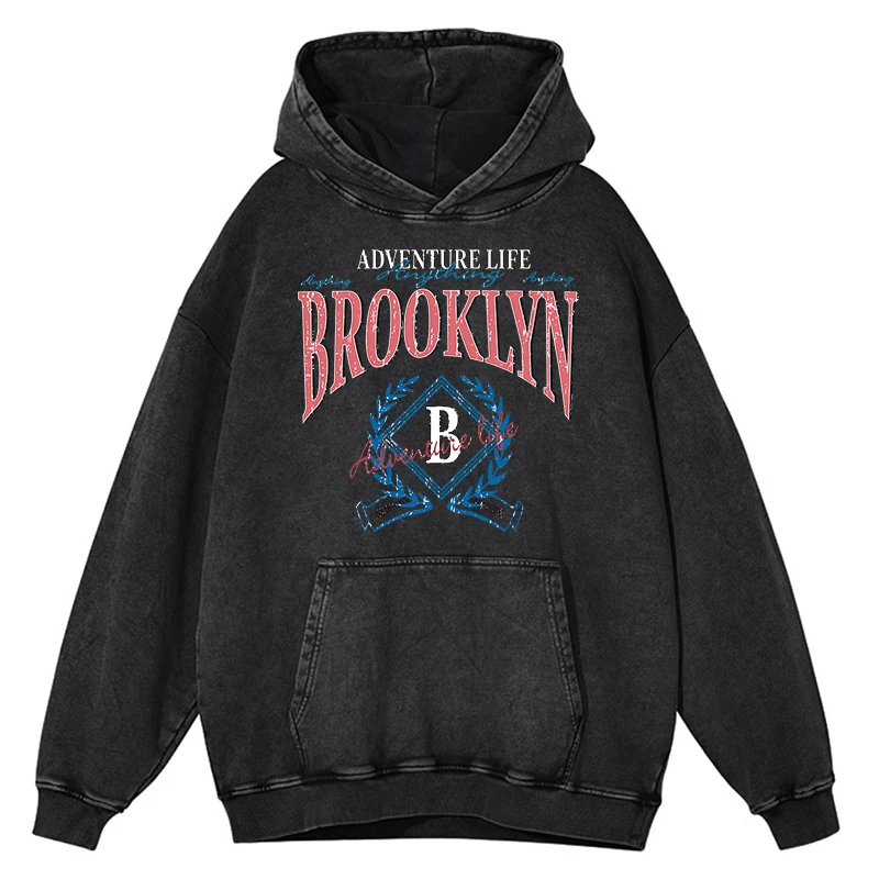 

Retro Distressed Wash Adventure Life Anything Brooklyn Hoody Men 100% Cotton Warm Casual Fashion Hoodie Cotton Street Sweatshirt