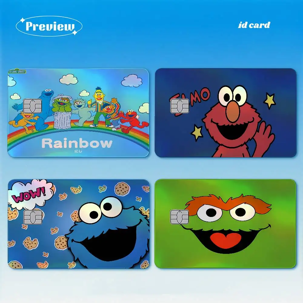S-Sesame S-Street Cartoon 4Pcs Laser Card Stickers Vinyl Skin For Credit Debit Bank Cards Waterproof Resistant Protective