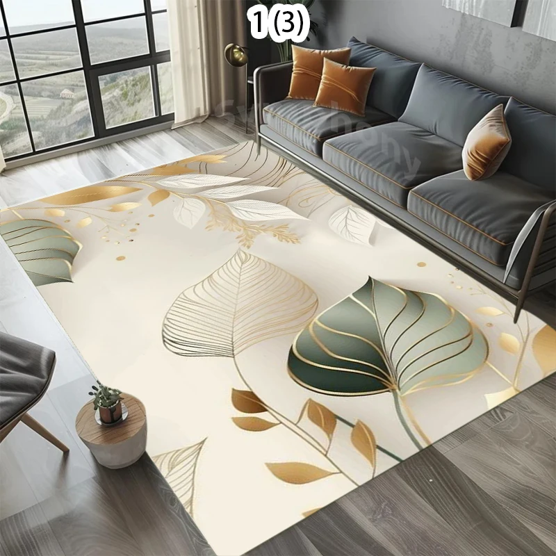 Luxury Gold & Green Leaf Area Rug Non-Slip Washable Floor Mat with Abstract Botanical Pattern Minimalist Carpet for Living Room