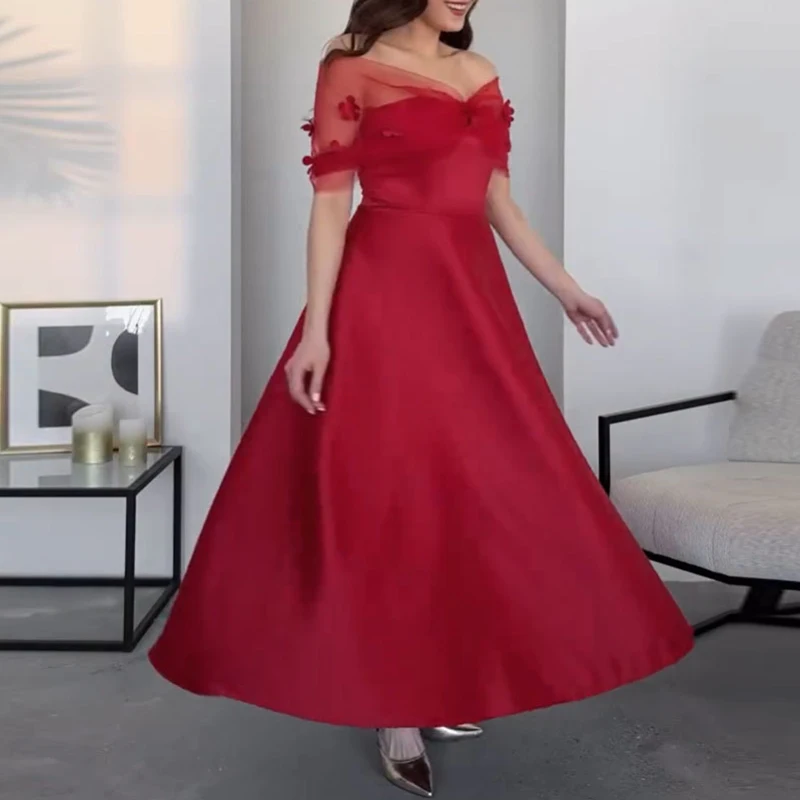 Trendy mesh prinsessenjurk met sjaalmouwen, elegante off-shoulder rode avondjurk, temperament, hoge taille, gesplitste satijnen a-lijnjurk