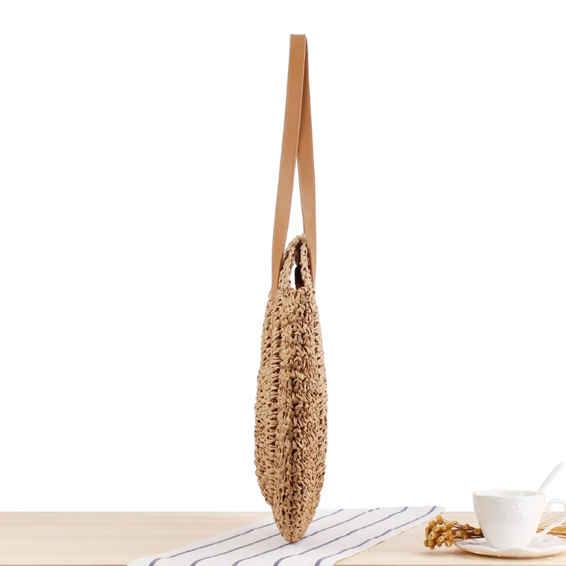 Women Straw Woven Tote Bag Large Capacity Vintage Shoulder Bag Round Hollow Summer Beach Bag Casual Bohemian Designer Handbag