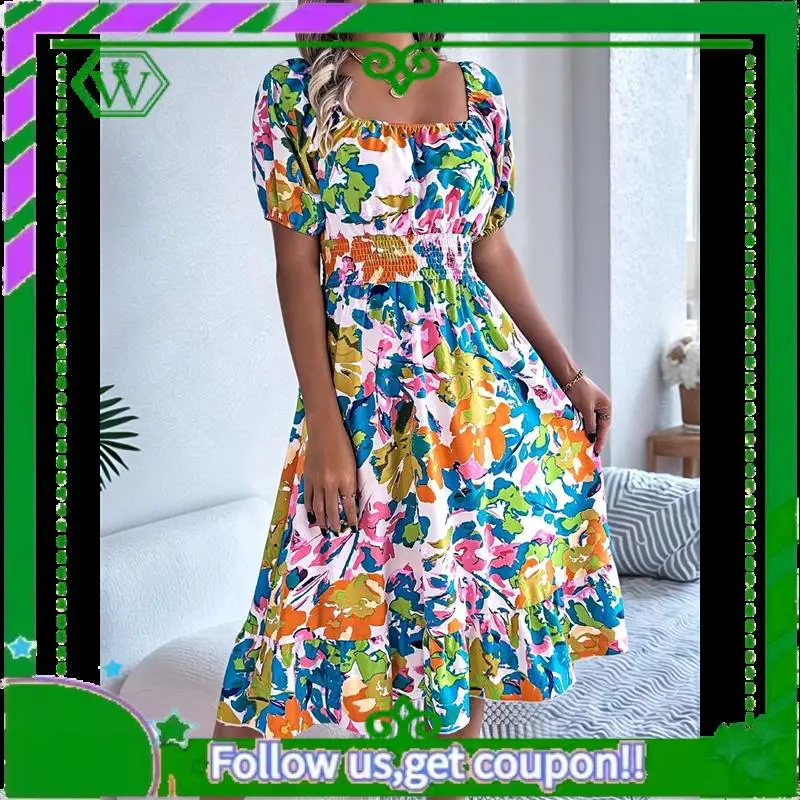 A18P-ผู้หญิงชุดลําลองฤดูร้อน 2025 ฤดูใบไม้ผลิพัฟแขนสแควร์คอ A-Line Flowy Boho ดอกไม้ Smocked MIDI ชุด
