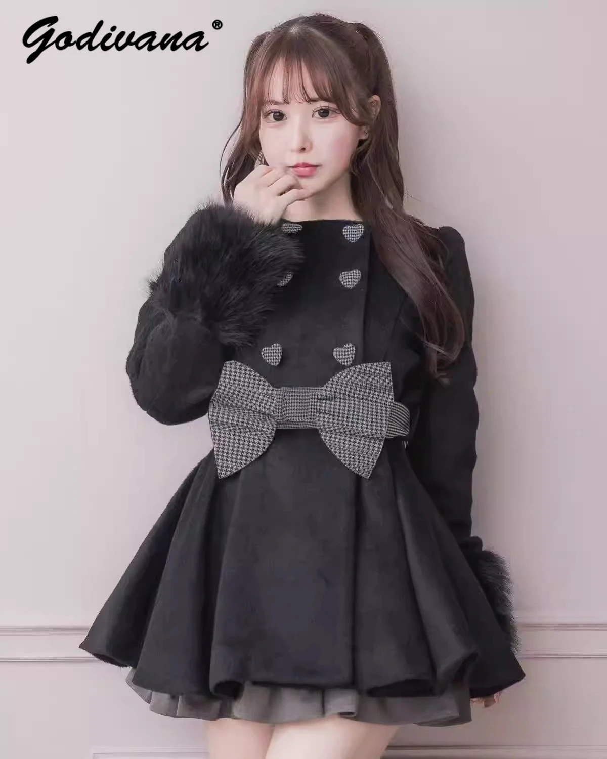 Japanischer Stil Neue Herbst- und Winter-Kollektion Große Schleife Pelzärmel Schlanker Mantel Rundhals Elegante Damen Doppelreihige Jacke Oberbekleidung