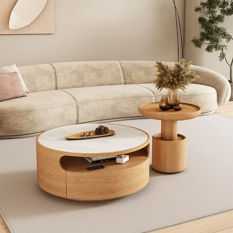 Lightweight luxury living room furniture round wood marble top coffee table living room side table