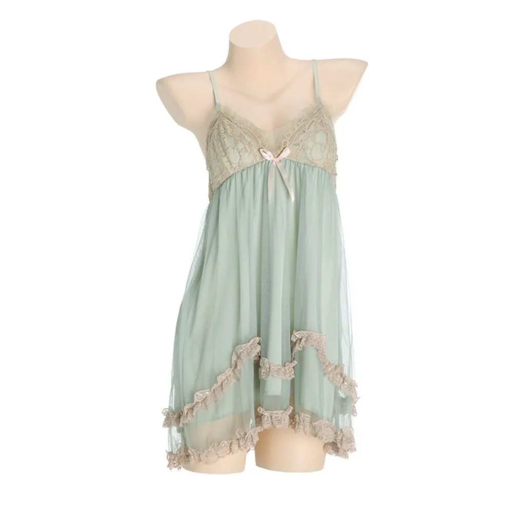 Lace Bowknot Women's Pajama Dress Flower Ruffle Suspender Nightdress Sleeveless Sleepwear Sling Nightgown with Pads Summer