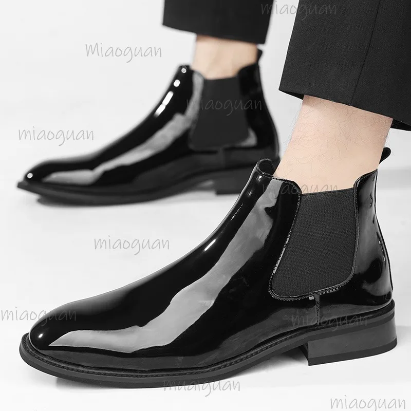 Large Size 38-46 Men's Patent Leather Chelsea Boots Glossy Ankle Boots Formal Slip-On Dress Boots Classic Luxury Shoes for Men