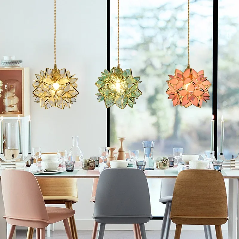 Nordic Flower Copper Pendant lamp Bedroom Dinning Living Room Glass LED Pendant Light Luminaria Kitchen Hanging lamp Fixtures
