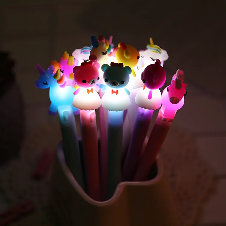 Creative cartoon with light, neutral pen, luminous unicorn water pen, lovely learning stationery, office signature pen light pen