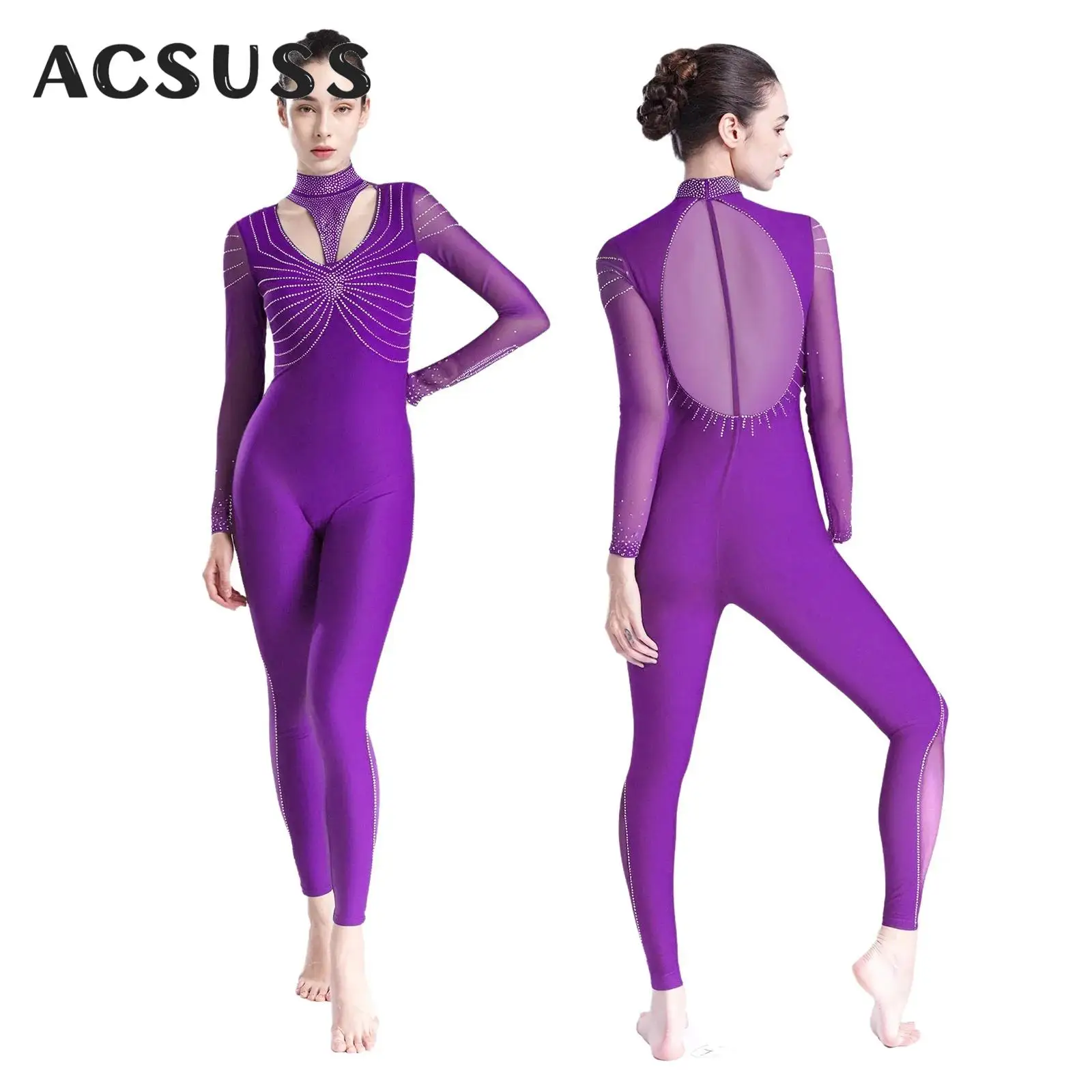 

Womens Figure Skating Gymnastics Leotard Shiny Rhinestones Long Sleeve Ballet Dance Acrobatic Yoga Workout Bodysuit Unitards