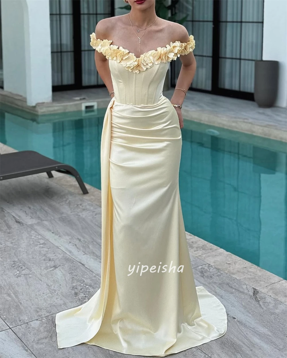 Индивидуальные современные стильные элегантные платья ручной работы с цветочными складками, прямые длинные платья с открытыми плечами, одинаковые платья для особых случаев на заказ