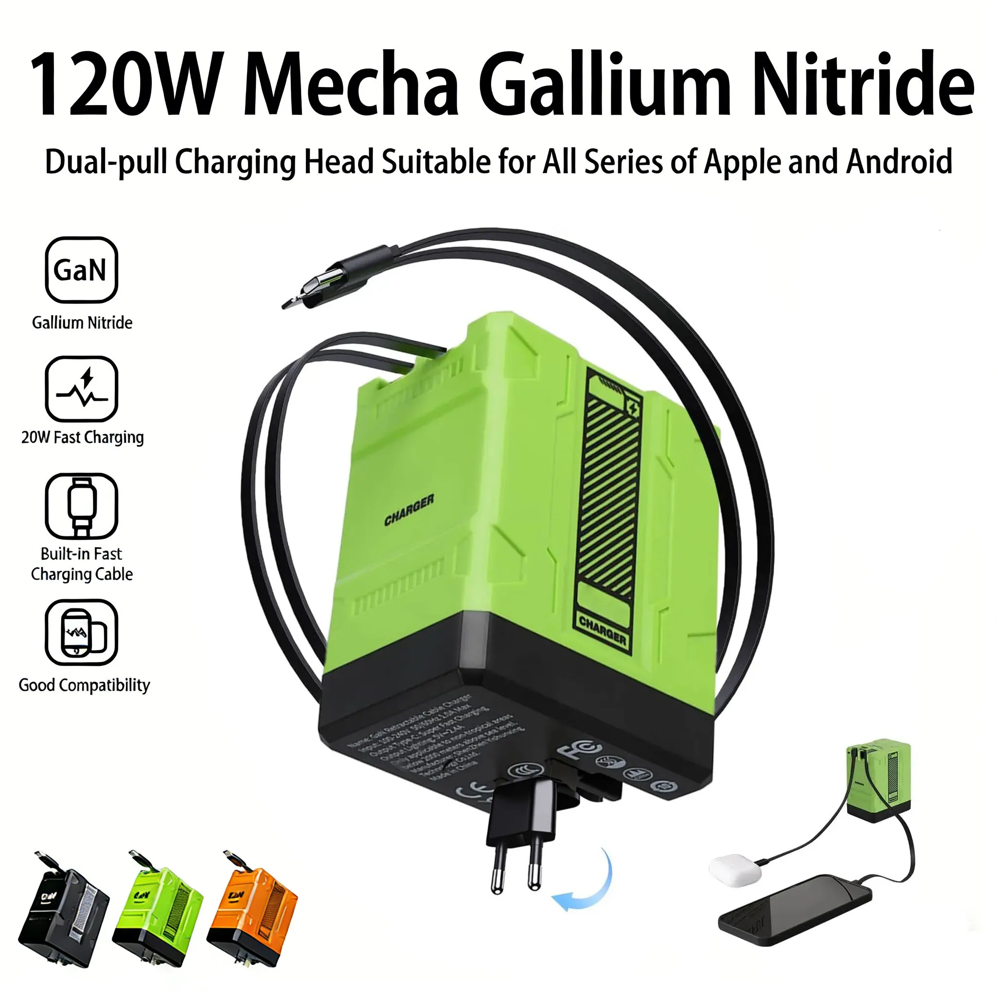 Schnellladegerät 120W GaN-Ladegerät mit zwei einziehbaren Kabeln, tragbarer Adapter für iPhone, iPad, Tablet, Laptop