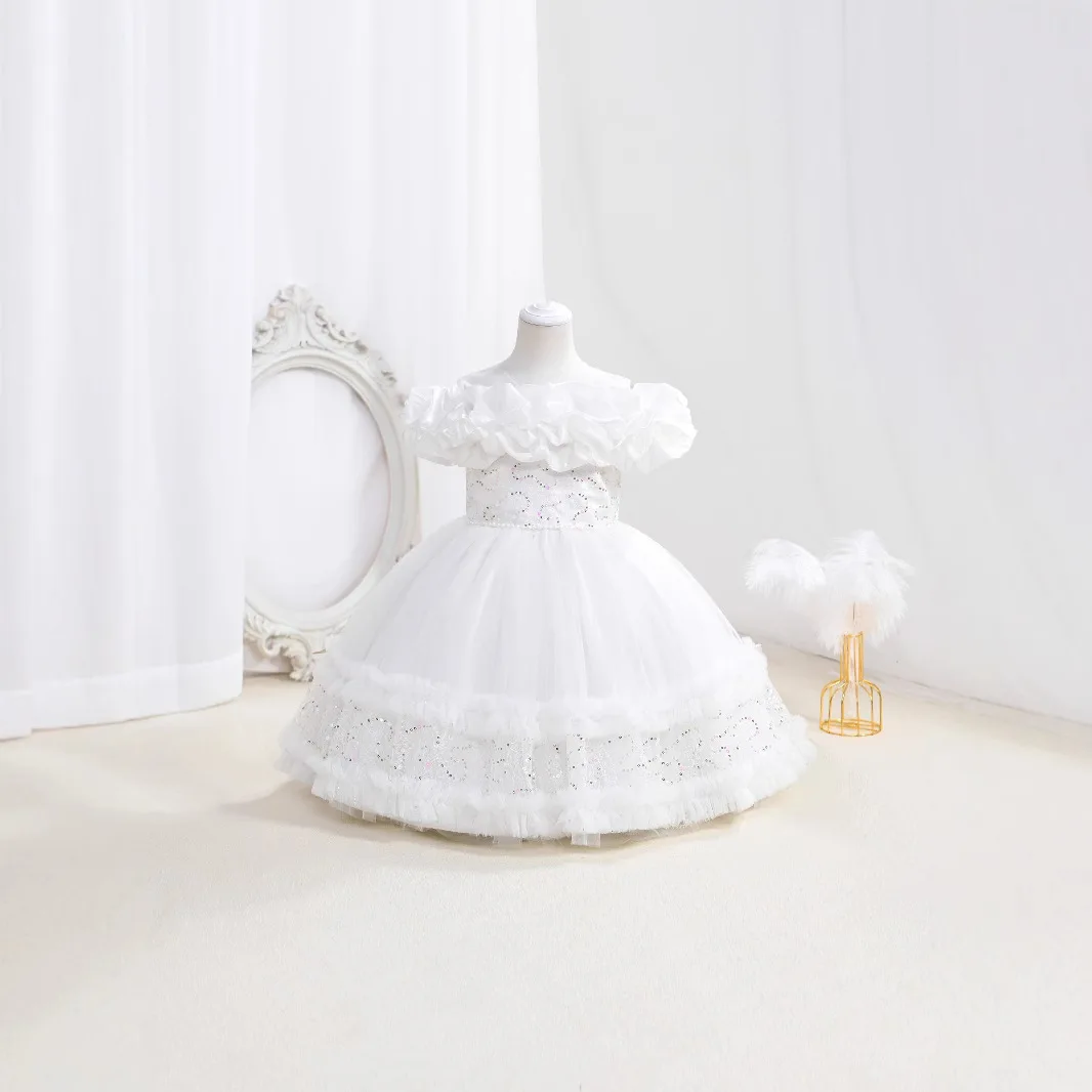 

Лето 2022, платье принцессы с пайетками, кружевное платье с оборками и цветочным узором для девочек 7-12 лет, маленькое платье без рукавов из сетки, маленький хозяин, выпускной Ev