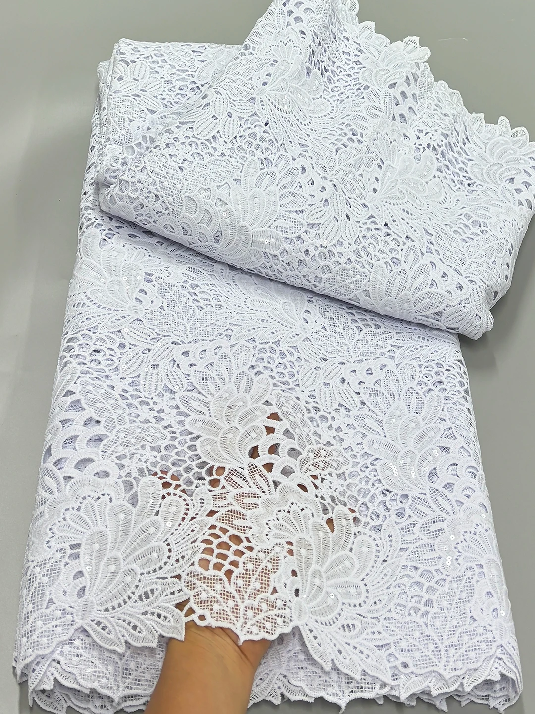 5 Yards White Guipure Lace Fabric African Cord Lace Fabric 2024 High Quality Nigerian Water Soluble Material WIth Sequins Dress