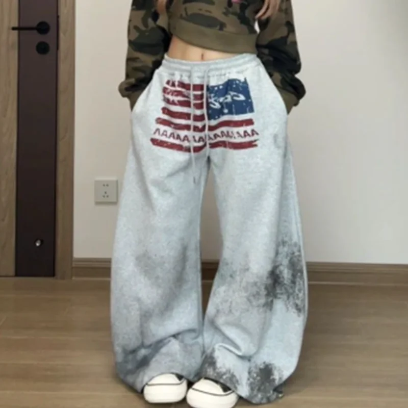 

Американские винтажные брюки с принтом флага, женские свободные повседневные широкие брюки в стиле джаз, хип-хоп, ленивые Harajuku Y2K Tie Dye, уличные спортивные брюки