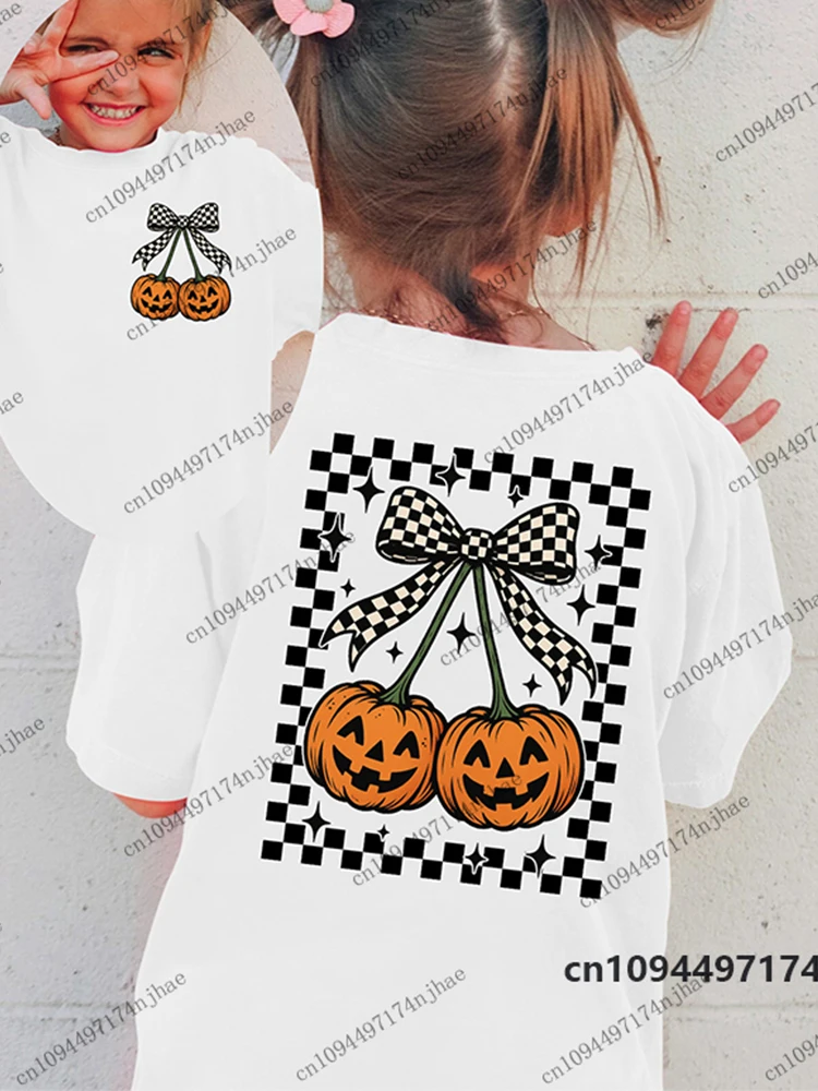 2026 Halloween Cherry Pumpkin Black White Checkered Bow Print T-shirt For Children Cotton Boys Girls Tees Casual Kids/Adult Tops