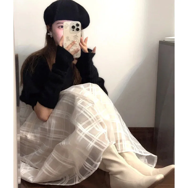 

Gagarich 2025 Japanese Cross-border New Waist Cinching Fresh Sweet Plaid Design High Waisted Double-layer Long Skirts