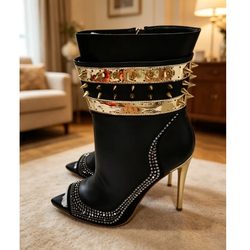 Black Rivet Decor Stiletto Sandal Boots Peep Toe Side Zipper British Style New Fashion Summer Women Shoes Zapatos Para Mujere