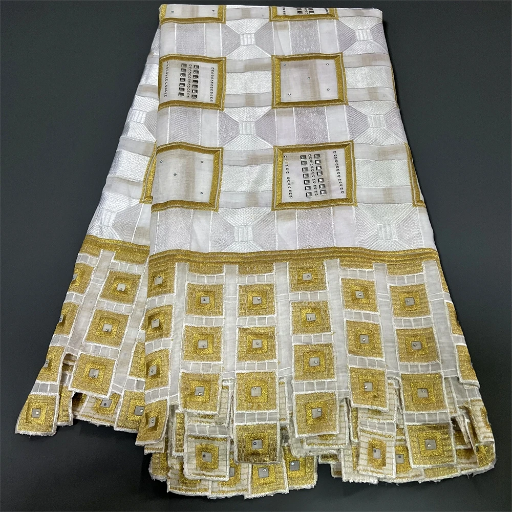 High Quality 2023 African Nigerian Tulle Lace Fabric Embroidery Cotton Dress Damask Sequins Wedding Party Golden 5Yard PS0009