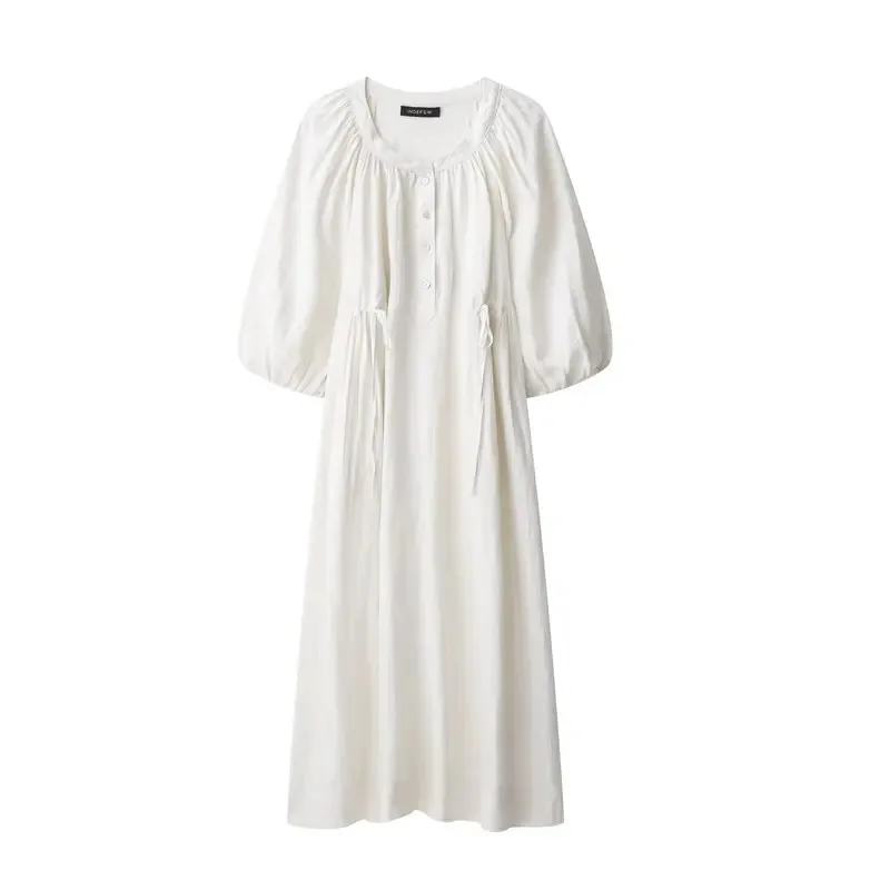 فستان قميص كيمونو من القطن والكتان فضفاض للسيدات مع زخرفة برباط وأكمام طويلة على طراز رداء كاجوال عصري