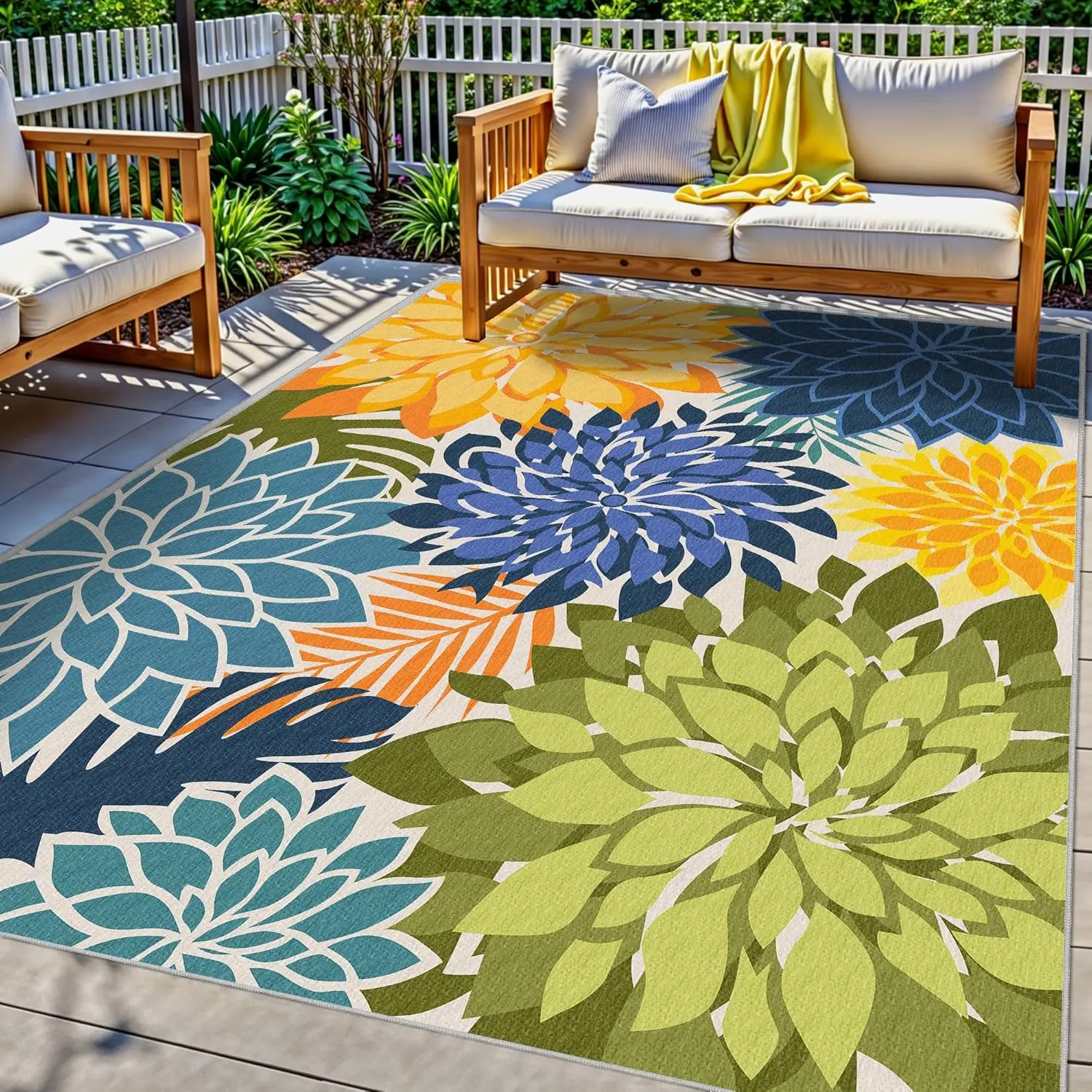 

Colorful 5x8 Outdoor Area Rug Washable Multicolored Patio Rug Tropical Botanical Floral Chenille Waterproof Outdoor Carpet fo