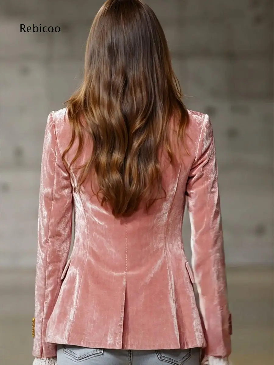 Elegant Velvet Outerwear Women Notched Lapel Golden Buttons Flap Pockets Slim Long Sleeve Jacket For Social Gathering Events